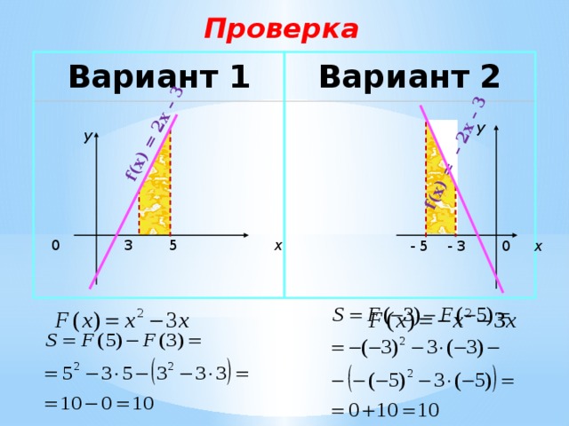 f(x) = 2x – 3 f(x) =  –  2x – 3 Проверка Вариант 1 Вариант 2 у у 0 3 5 х  - 5 - 3 0 х 