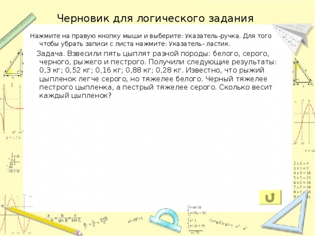 Черновик для логического задания  Нажмите на правую кнопку мыши и выберите: Указатель-ручка. Для того чтобы убрать записи с листа нажмите: Указатель- ластик.  Задача. Взвесили пять цыплят разной породы: белого, серого, черного, рыжего и пестрого. Получили следующие результаты: 0,3 кг; 0,52 кг; 0,16 кг; 0,88 кг; 0,28 кг. Известно, что рыжий цыпленок легче серого, но тяжелее белого. Черный тяжелее пестрого цыпленка, а пестрый тяжелее серого. Сколько весит каждый цыпленок? 