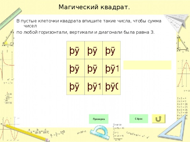 Магический квадрат. В пустые клеточки квадрата впишите такие числа, чтобы сумма чисел по любой горизонтали, вертикали и диагонали была равна 3. 