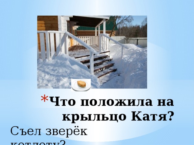 Что положила на крыльцо Катя? Съел зверёк котлету? 