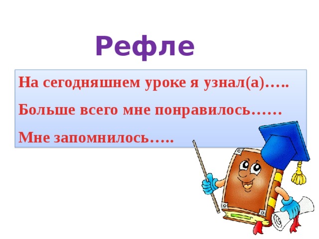  Рефлексия На сегодняшнем уроке я узнал(а)…..  Больше всего мне понравилось……  Мне запомнилось….. 