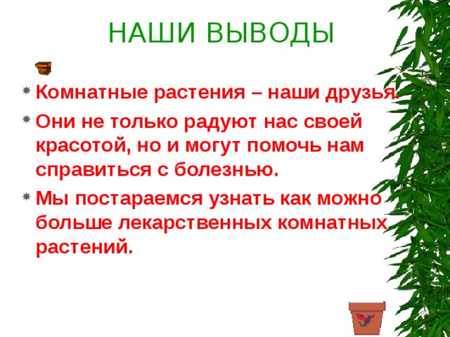  НАШИ ВЫВОДЫ Комнатные растения – наши друзья. Они не только радуют нас своей красотой, но и могут помочь нам справиться с болезнью. Мы постараемся узнать как можно больше лекарственных комнатных растений. 