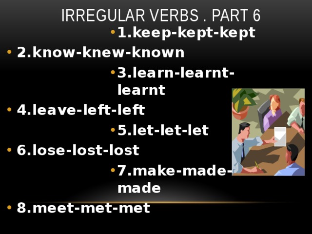 Irregular verbs . Part 6 1.keep-kept-kept 1.keep-kept-kept 1.keep-kept-kept 1.keep-kept-kept 1.keep-kept-kept 1.keep-kept-kept 1.keep-kept-kept 1.keep-kept-kept 1.keep-kept-kept 2.know-knew-known 3.learn-learnt-learnt 3.learn-learnt-learnt 3.learn-learnt-learnt 3.learn-learnt-learnt 3.learn-learnt-learnt 3.learn-learnt-learnt 3.learn-learnt-learnt 3.learn-learnt-learnt 3.learn-learnt-learnt 4.leave-left-left 5.let-let-let 5.let-let-let 5.let-let-let 5.let-let-let 5.let-let-let 5.let-let-let 5.let-let-let 5.let-let-let 5.let-let-let 6.lose-lost-lost 7.make-made-made 7.make-made-made 7.make-made-made 7.make-made-made 7.make-made-made 7.make-made-made 7.make-made-made 7.make-made-made 7.make-made-made 8.meet-met-met 