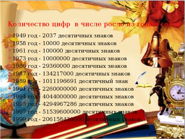 Количество цифр в числе росло из года в год. 1949 год - 2037 десятичных знаков 1958 год - 10000 десятичных знаков 1961 год - 100000 десятичных знаков 1973 год - 10000000 десятичных знаков 1986 год - 29360000 десятичных знаков 1987 год - 134217000 десятичных знаков 1989 год - 1011196691 десятичный знак 1991 год - 2260000000 десятичных знаков 1994 год - 4044000000 десятичных знаков 1995 год - 4294967286 десятичных знаков 1997 год - 51539600000 десятичных знаков 1999 год - 206158430000 десятичных знаков. 