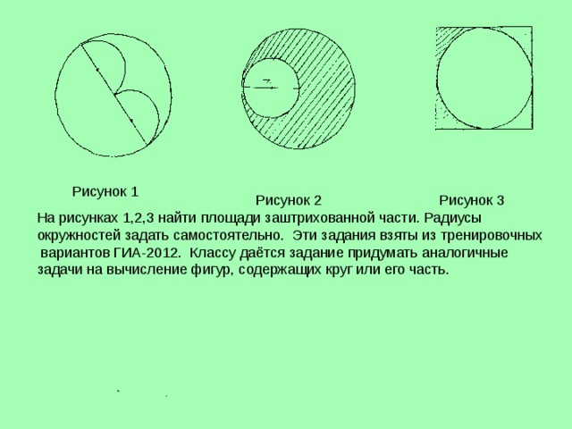 Рисунок 1 Рисунок 2 Рисунок 3 На рисунках 1,2,3 найти площади заштрихованной части. Радиусы окружностей задать самостоятельно. Эти задания взяты из тренировочных вариантов ГИА-2012. Классу даётся задание придумать аналогичные задачи на вычисление фигур, содержащих круг или его часть. 