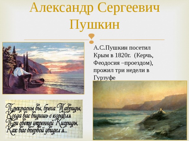Александр Сергеевич Пушкин А.С.Пушкин посетил Крым в 1820г. (Керчь, Феодосия –проездом), прожил три недели в Гурзуфе 