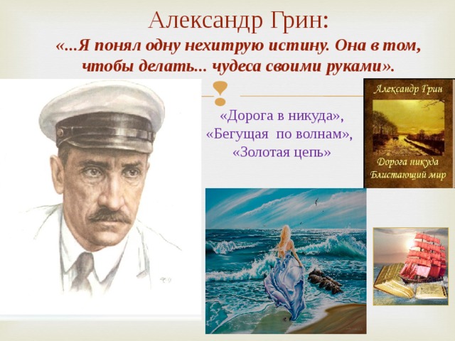 Александр Грин:  «...Я понял одну нехитрую истину. Она в том, чтобы делать... чудеса своими руками».    «Дорога в никуда », «Бегущая по волнам», «Золотая цепь» 