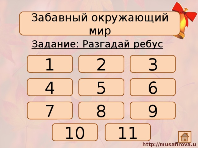 Забавный окружающий мир Задание: Разгадай ребус 1 2 3 4 5 6 7 8 9 10 11 