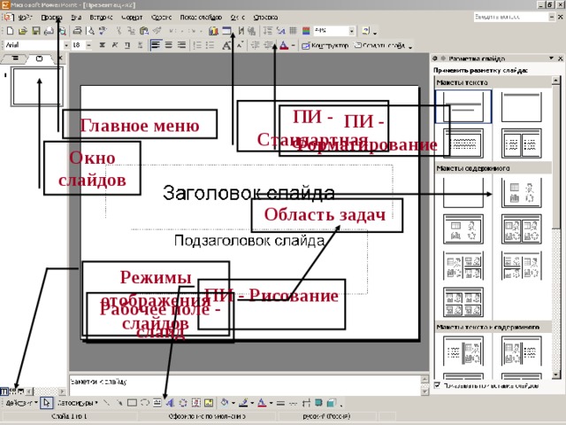  Окно программы ПИ - Стандартная ПИ - Форматирование Главное меню Окно слайдов Область задач Режимы отображения слайдов ПИ - Рисование Рабочее поле - слайд 