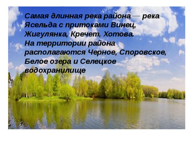 Самая длинная река района ― река Ясельда с притоками Винец, Жигулянка, Кречет, Хотова. На территории района располагаются Черное, Споровское, Белое озера и Селецкое водохранилище