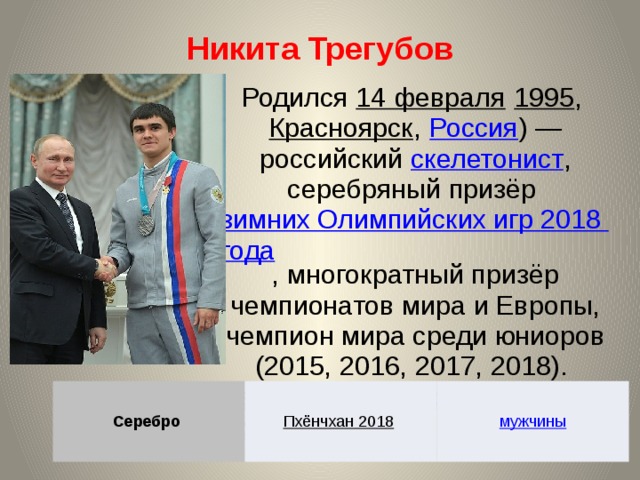Никита Трегубов Родился 14 февраля  1995 , Красноярск , Россия ) — российский скелетонист , серебряный призёр зимних Олимпийских игр 2018 года , многократный призёр чемпионатов мира и Европы, чемпион мира среди юниоров (2015, 2016, 2017, 2018). Заслуженный мастер спорта России Серебро Пхёнчхан 2018  