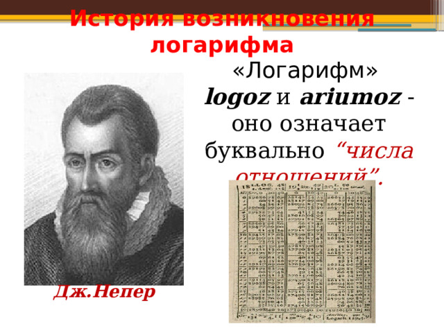 История возникновения логарифма «Логарифм»  logoz и ariumoz - оно означает буквально “числа отношений”. Дж.Непер 