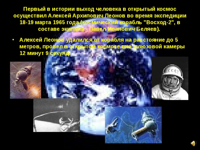 Первый в истории выход человека в открытый космос осуществил Алексей Архипович Леонов во время экспедиции 18-19 марта 1965 года (космический корабль 