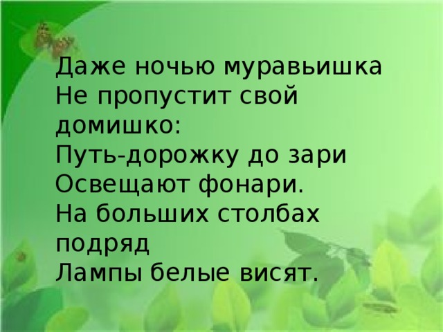 Даже ночью муравьишка  Не пропустит свой домишко:  Путь-дорожку до зари  Освещают фонари.  На больших столбах подряд   Лампы белые висят. 