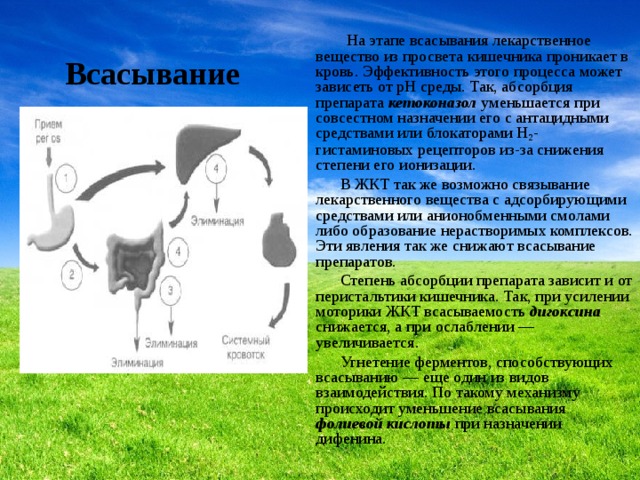  Всасывание    На этапе всасывания лекарственное вещество из просвета кишечника проникает в кровь. Эффективность этого процесса может зависеть от pH среды. Так, абсорбция препарата кетоконазол уменьшается при совсестном назначении его с антацидными средствами или блокаторами H 2 -гистаминовых рецепторов из-за снижения степени его ионизации.  В ЖКТ так же возможно связывание лекарственного вещества с адсорбирующими средствами или анионобменными смолами либо образование нерастворимых комплексов. Эти явления так же снижают всасывание препаратов.  Степень абсорбции препарата зависит и от перистальтики кишечника. Так, при усилении моторики ЖКТ всасываемость дигоксина снижается, а при ослаблении — увеличивается.  Угнетение ферментов, способствующих всасыванию — еще один из видов взаимодействия. По такому механизму происходит уменьшение всасывания фолиевой кислоты при назначении дифенина. 