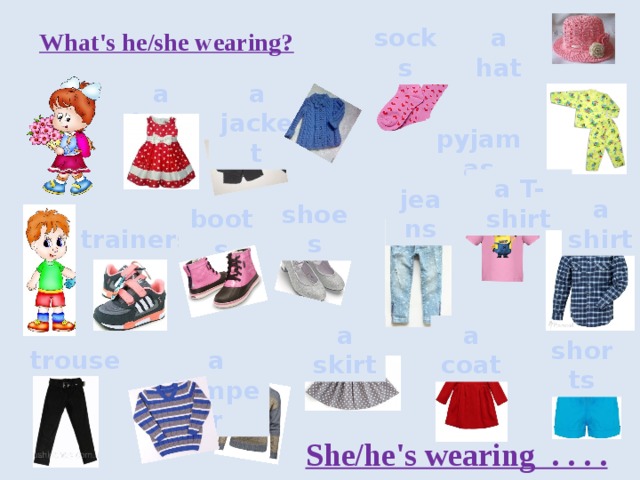 What's he/she wearing? socks a hat a jacket a dress pyjamas a T-shirt jeans a shirt shoes boots trainers a coat a skirt shorts trousers a jumper She/he's wearing . . . . 