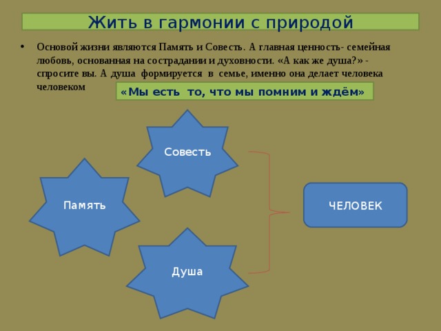 Жить в гармонии с природой Основой жизни являются Память и Совесть. А главная ценность- семейная любовь, основанная на сострадании и духовности. «А как же душа?» - спросите вы. А душа формируется в семье, именно она делает человека человеком «Мы есть то, что мы помним и ждём» Совесть Память ЧЕЛОВЕК Душа 