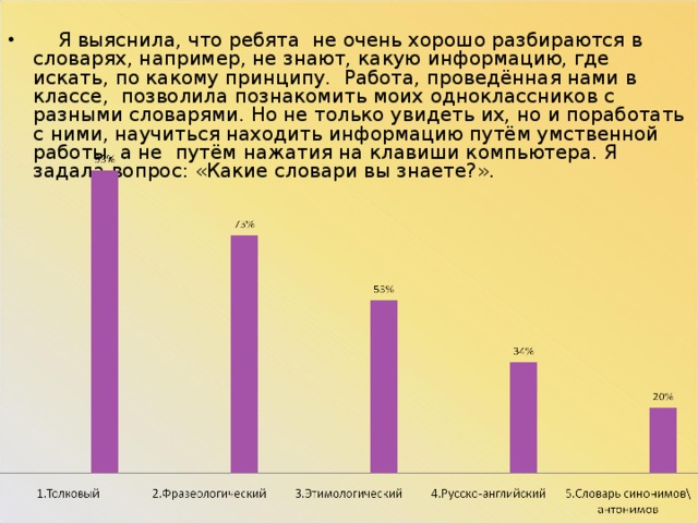  Я выяснила, что ребята не очень хорошо разбираются в словарях, например, не знают, какую информацию, где искать, по какому принципу. Работа, проведённая нами в классе, позволила познакомить моих одноклассников с разными словарями. Но не только увидеть их, но и поработать с ними, научиться находить информацию путём умственной работы, а не путём нажатия на клавиши компьютера. Я задала вопрос: «Какие словари вы знаете?». 