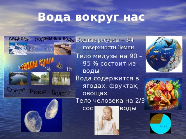 Вода вокруг нас  Водные ресурсы – 3/4 поверхности Земли  Тело медузы на 90 – 95 % состоит из воды Вода содержится в ягодах, фруктах, овощах Тело человека на 2/3 состоит из воды 
