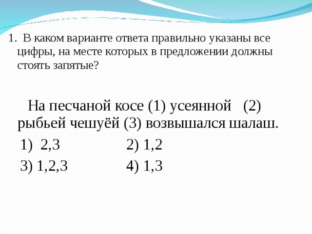 1. В каком варианте ответа правильно указаны все цифры, на месте которых в предложении должны стоять запятые?  На песчаной косе (1) усеянной (2) рыбьей чешуёй (3) возвышался шалаш.  1) 2,3 2) 1,2  3) 1,2,3 4) 1,3 