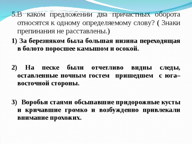 5.В каком предложении два причастных оборота относятся к одному определяемому слову? ( Знаки препинания не расставлены.) 1) За березняком была большая низина переходящая в болото поросшее камышом и осокой.  2) На песке были отчетливо видны следы, оставленные ночным гостем пришедшем с юга–восточной стороны.  3) Воробьи стаями обсыпавшие придорожные кусты и кричавшие громко и возбужденно привлекали внимание прохожих.  