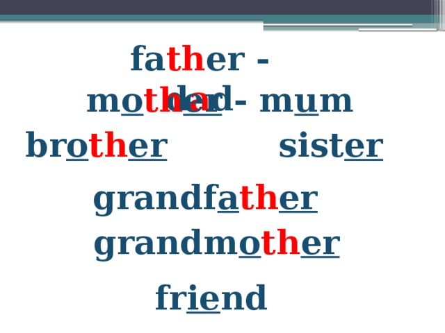 fa th er - d a d   m o th er - m u m br o th er  sist er grandf a th er  grandm o th er  fr ie nd 