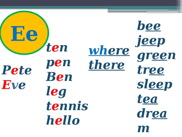   b ee j ee p gr ee n tr ee sl ee p t ea dr ea m cr ea m Ee t e n p e n B e n l e g t e nnis h e llo wh ere there P e te E v e  