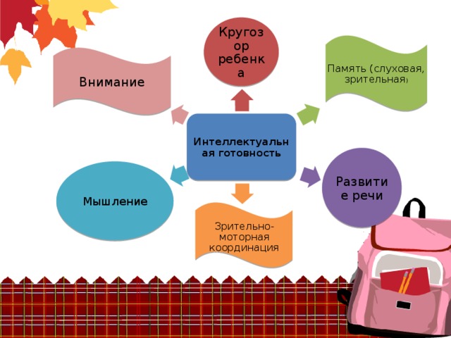 Кругозор ребенка Память (слуховая, зрительная ) Внимание Интеллектуальная готовность Развитие речи Мышление Зрительно-моторная координация 