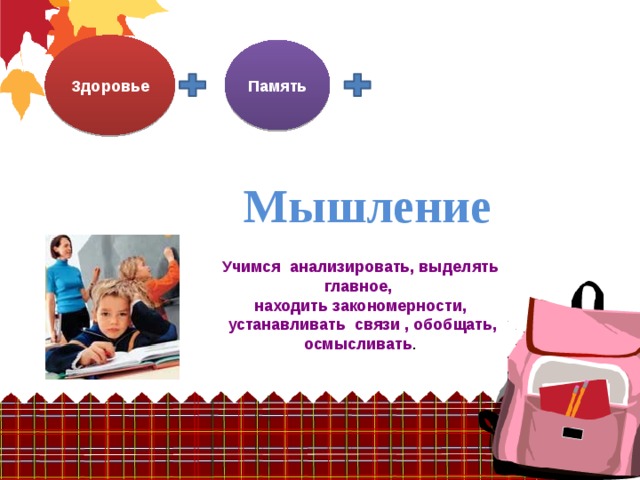 Здоровье Память Мышление Учимся анализировать, выделять главное, находить закономерности,  устанавливать связи , обобщать, осмысливать . 