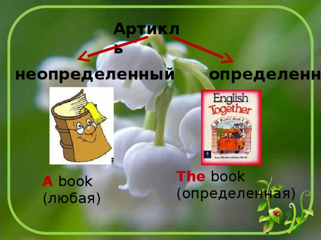 Артикль  неопределенный определенный The book (определенная) A book (любая) 