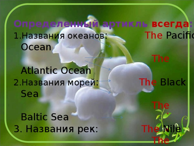 Определенный артикль всегда : Названия океанов : The Pacific Ocean  The Atlantic Ocean Названия морей : The Black Sea  The Baltic Sea 3. Названия рек: The Nile  The Volga 4. Названия проливов: The English Chanel 5. Названия пустынь: The Sahara 