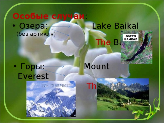 Особые случаи :  Озера: Lake Baikal (без артикля)  The Baikal  Горы: Mount Everest  The Alps 
