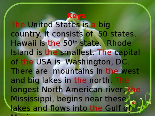 Keys The United States is a big country. It consists of 50 states. Hawaii is the 50 th state. Rhode Island is the smallest. The capital of the USA is Washington, DC. There are mountains in the west and big lakes in the north. The longest North American river, the Mississippi, begins near these lakes and flows into the Gulf of Mexico. 