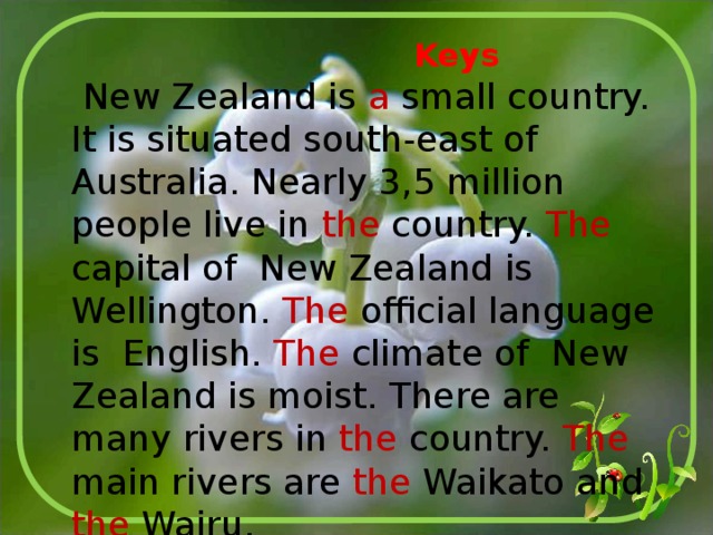  Keys  New Zealand is a small country. It is situated south-east of Australia. Nearly 3,5 million people live in the country. The capital of New Zealand is Wellington. The official language is English. The climate of New Zealand is moist. There are many rivers in the country. The main rivers are the Waikato and the Wairu. 