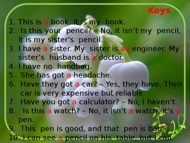 Keys This is a book. It is my book.  Is this your pencil? – No, it isn’t my pencil, it is my sister’s pencil. I have a sister. My sister is an engineer. My sister’s husband is a doctor. I have no handbag.  She has got a headache.  Have they got a car? – Yes, they have. Their car is very expensive but reliable.  Have you got a calculator? – No, I haven’t.  Is this a watch? – No, it isn’t a watch, it’s a pen.  This pen is good, and that pen is bad.  I can see a pencil on his table, but I can see no paper. 