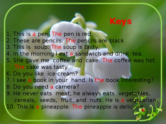 Keys 1. This is a pen. The pen is red. 2. These are pencils. The pencils are black 3. This is soup. The soup is tasty. 4. In the morning I eat a sandwich and drink tea. 5. She gave me coffee and cake. The coffee was hot. The cake was tasty. 6. Do you like ice-cream? 7. I see a book in your hand. Is the book interesting? 8. Do you need a camera? 9. He never eats meat, he always eats vegetables, cereals, seeds, fruit, and nuts. He is a vegetarian. 10. This is a pineapple. The pineapple is delicious. 