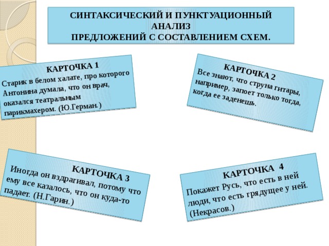  КАРТОЧКА 1 Старик  в белом халате, про которого Антонина думала, что он врач, оказался театральным парикмахером. (Ю.Герман.)  КАРТОЧКА 2 Все знают, что струна гитары, например, запоет только тогда, когда ее заденешь.  КАРТОЧКА 3     Иногда он вздрагивал, потому что ему все казалось, что он куда-то падает. (Н.Гарин.)  КАРТОЧКА 4 Покажет Русь, что есть в ней люди, что есть грядущее у ней. (Некрасов.) СИНТАКСИЧЕСКИЙ И ПУНКТУАЦИОННЫЙ АНАЛИЗ  ПРЕДЛОЖЕНИЙ С СОСТАВЛЕНИЕМ СХЕМ. 