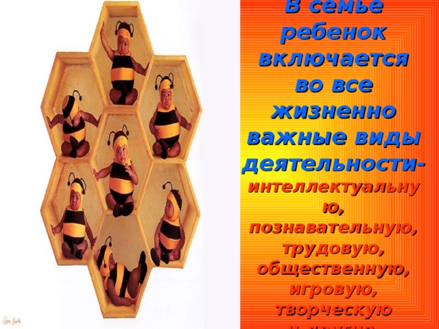 В семье ребенок включается  во все жизненно важные виды деятельности-  интеллектуальную,  познавательную, трудовую,  общественную,  игровую, творческую  и другие. 