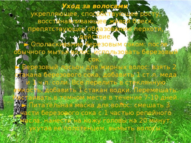 Уход за волосами  укрепляющее, способствующее росту, восстанавливающее живой блеск, препятствующее образованию перхоти, действие.  ► Ополаскивание березовым соком: после обычного мытья волос, использовать березовый сок.  ► Березовый лосьон для жирных волос: взять 2 стакана березового сока, добавить 1 ст.л. меда и 1 ч.л. соли. Все перелить в стеклянную емкость, добавить 1 стакан водки. Перемешать. Настаивать в темном месте в течение 7-10 дней.  ► Питательная маска для волос: смешать 3 части березового сока с 1 частью репейного масла, нанести на кожу головы на 20 минут, укутав ее полотенцем, вымыть волосы. 