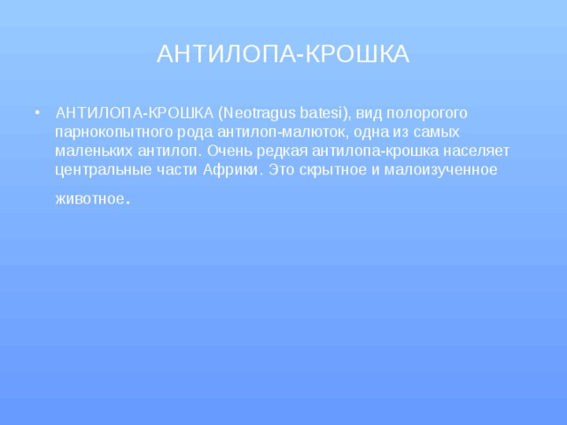 АНТИЛОПА-КРОШКА АНТИЛОПА-КРОШКА (Neotragus batesi), вид полорогого парнокопытного рода антилоп-малюток, одна из самых маленьких антилоп. Очень редкая антилопа-крошка населяет центральные части Африки. Это скрытное и малоизученное животное .   