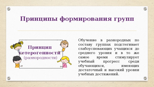Принципы формирования групп Обучение в разнородных по составу группах подстегивает слабоуспевающих учащихся до среднего уровня и в то же самое время стимулирует учебный прогресс среди обучающихся, имеющих достаточный и высокий уровни учебных достижений. Принцип гетерогенности (разнородности) 