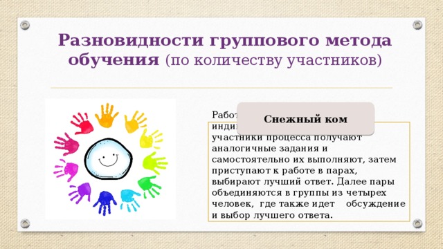 Разновидности группового метода обучения (по количеству участников) Снежный ком Работа начинается с решения индивидуального задания. Все участники процесса получают аналогичные задания и самостоятельно их выполняют, затем приступают к работе в парах, выбирают лучший ответ. Далее пары объединяются в группы из четырех человек, где также идет обсуждение и выбор лучшего ответа. 