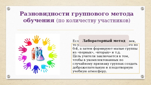 Разновидности группового метода обучения (по количеству участников) Лабораторный метод Если в классе, например, 30 человек, то учащиеся рассчитываются с 1-го по 6-й, а затем формируют малые группы из «первых», «вторых» и т.д. Цель учителя заключается в том, чтобы в укомплектованных по случайному признаку группах создать доброжелательную и плодотворную учебную атмосферу. 