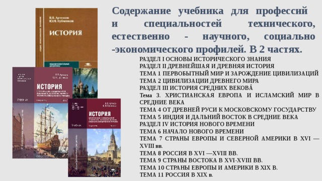 Содержание учебника для профессий  и специальностей технического, естественно - научного, социально -экономического профилей. В 2 частях. РАЗДЕЛ I ОСНОВЫ ИСТОРИЧЕСКОГО ЗНАНИЯ РАЗДЕЛ II ДРЕВНЕЙШАЯ И ДРЕВНЯЯ ИСТОРИЯ ТЕМА 1 ПЕРВОБЫТНЫЙ МИР И ЗАРОЖДЕНИЕ ЦИВИЛИЗАЦИЙ ТЕМА 2 ЦИВИЛИЗАЦИИ ДРЕВНЕГО МИРА РАЗДЕЛ III ИСТОРИЯ СРЕДНИХ ВЕКОВÂ Тема 3. ХРИСТИАНСКАЯ ЕВРОПА И ИСЛАМСКИЙ МИР В СРЕДНИЕ ВЕКА ТЕМА 4 ОТ ДРЕВНЕЙ РУСИ К МОСКОВСКОМУ ГОСУДАРСТВУ ТЕМА 5 ИНДИЯ И ДАЛЬНИЙ ВОСТОК В СРЕДНИЕ ВЕКА РАЗДЕЛ IV ИСТОРИЯ НОВОГО ВРЕМЕНИ ТЕМА 6 НАЧАЛО НОВОГО ВРЕМЕНИ ТЕМА 7 СТРАНЫ ЕВРОПЫ И СЕВЕРНОЙ АМЕРИКИ В XVI —XVIII вв. ТЕМА 8 РОССИЯ В XVI —XVIII ВВ. ТЕМА 9 СТРАНЫ ВОСТОКА В XVI-XVIII ВВ. ТЕМА 10 СТРАНЫ ЕВРОПЫ И АМЕРИКИ В XlX В. ТЕМА 11 РОССИЯ В XIX в. 