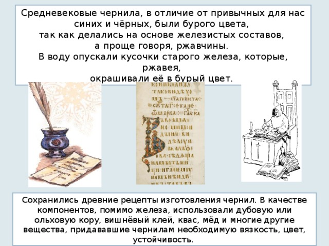 Средневековые чернила, в отличие от привычных для нас синих и чёрных, были бурого цвета, так как делались на основе железистых составов, а проще говоря, ржавчины. В воду опускали кусочки старого железа, которые, ржавея, окрашивали её в бурый цвет. Сохранились древние рецепты изготовления чернил. В качестве компонентов, помимо железа, использовали дубовую или ольховую кору, вишнёвый клей, квас, мёд и многие другие вещества, придававшие чернилам необходимую вязкость, цвет, устойчивость. 