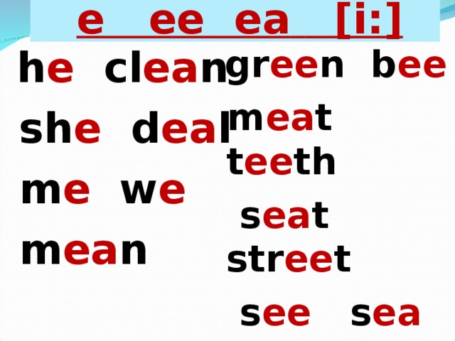  e ee  ea  [i:]  h e cl ea n  sh e d ea l  m e w e  m ea n   gr ee n b ee  m ea t t ee th  s ea t str ee t  s ee s ea 