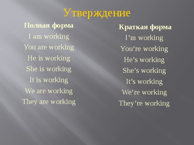 Утверждение Полная форма I am working You are working He is working She is working It is working We are working They are working  Краткая форма I’m working You’re working He’s working She’s working It’s working We’re working They’re working 