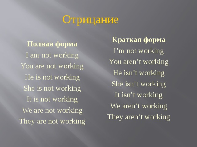 Отрицание Краткая форма I’m not working You aren’t working He isn’t working She isn’t working It isn’t working We aren’t working They aren’t working Полная форма I am not working You are not working He is not working She is not working It is not working We are not working They are not working 