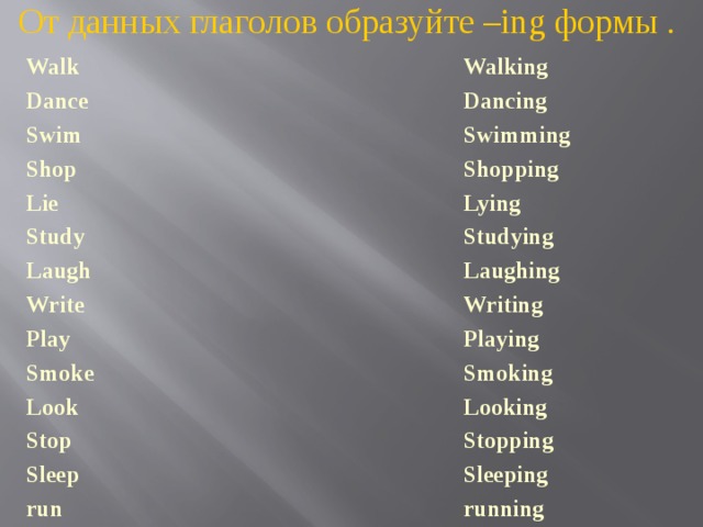 От данных глаголов образуйте –ing формы . Walk Walking Dance Dancing Swim Swimming Shopping Shop Lie Lying Study Studying Laugh Laughing Writing Write Playing Play Smoking Smoke Looking Look Stopping Stop Sleep Sleeping running run    