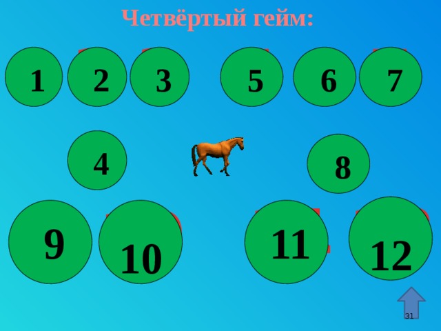 Четвёртый гейм: 7 1 2 3 5 6  6  1  5  2  7  3 4 8  4  8 12 11 9 10  12  11  9  10 Нажать на триггеры – зелёные круги с цифрами, затем на цифры – гиперссылки, стрелка – переход к 58 слайду. 9 9 